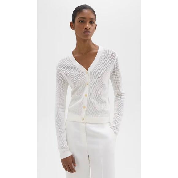 Theory Pointelle Cardigan Crepe Mesh Knit Button Front Preppy White Large - Picture 1 of 6